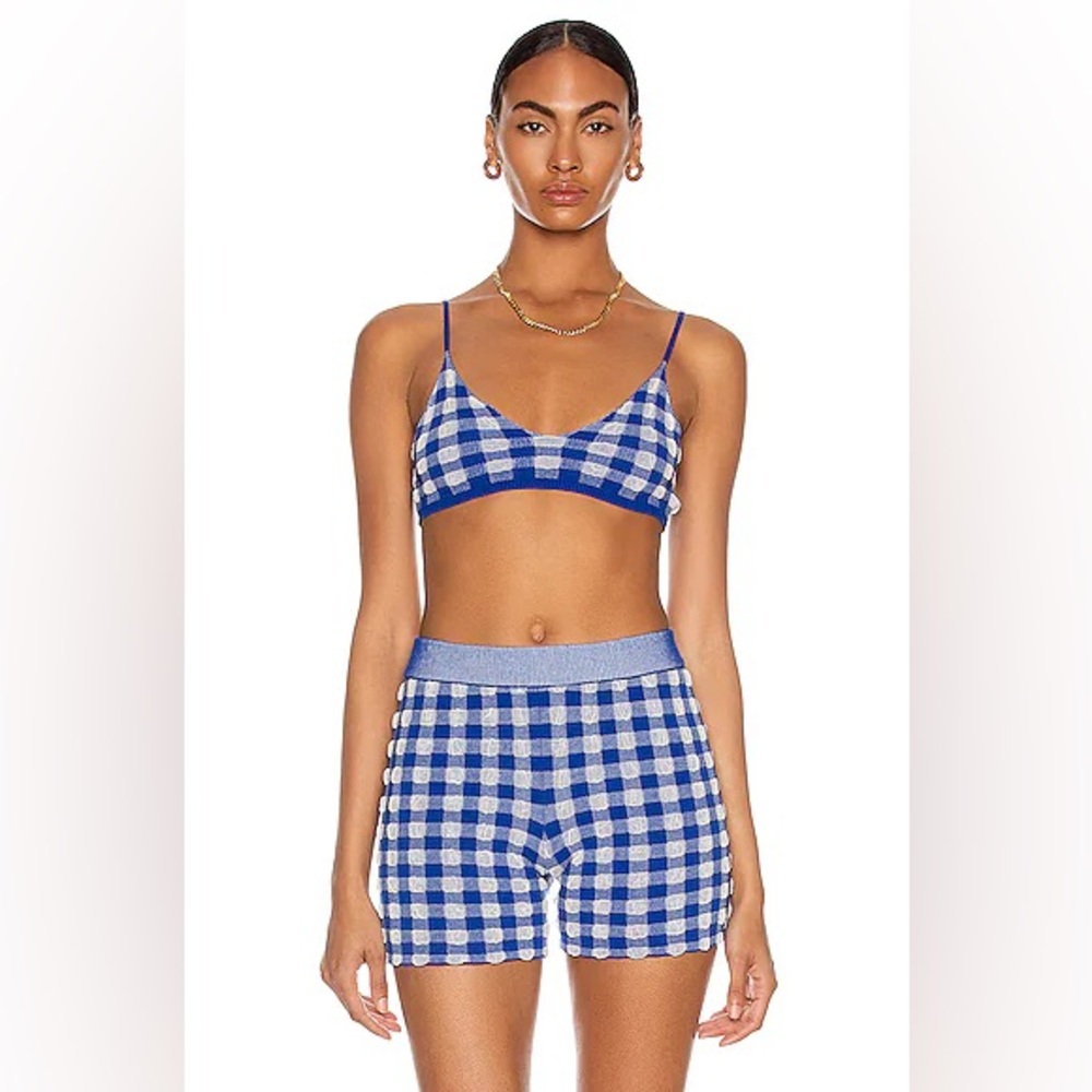 JACQUEMUS Knit Set Le Short Arancia Gingham Blue & Le Bandeau Valensole Bra Top